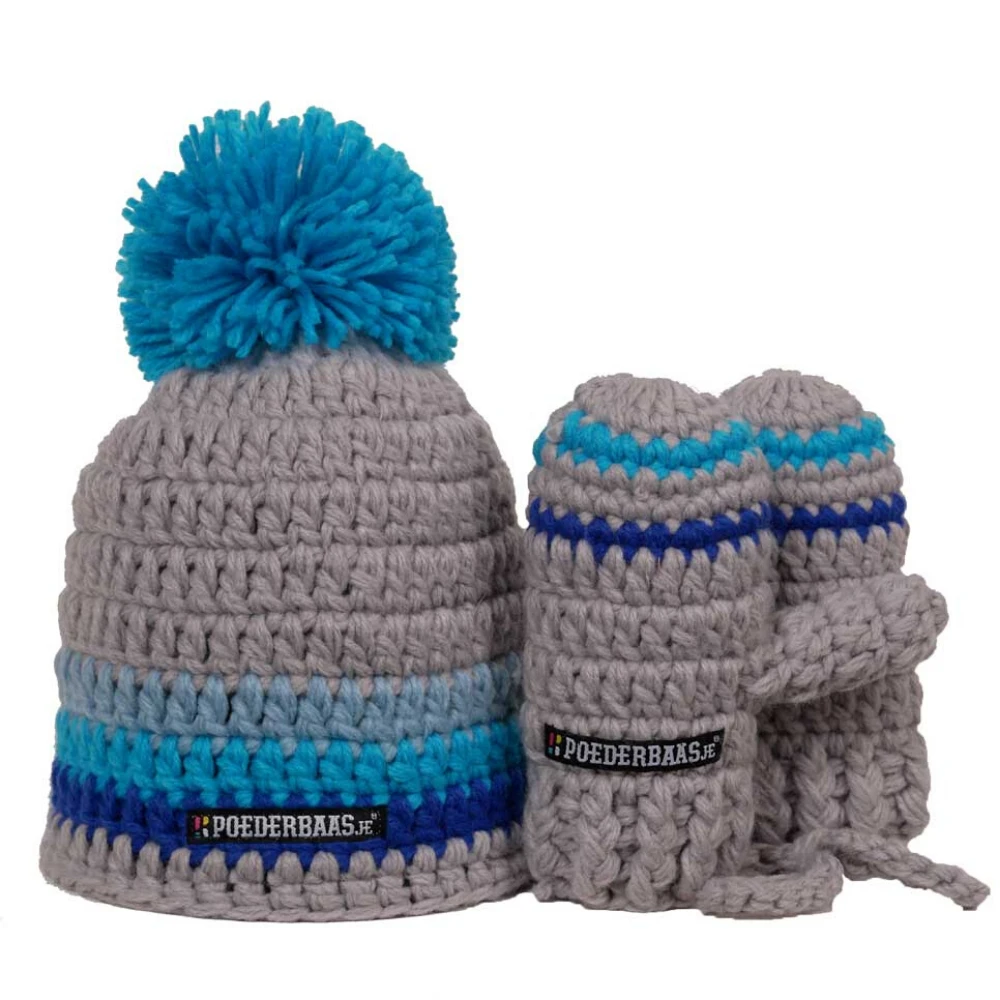 Poederbaas Blauwe Babymuts Met Handschoentjes - Blauw/grijs 1 Poederbaas Blauwe Babymuts Met Handschoentjes - Blauw/grijs