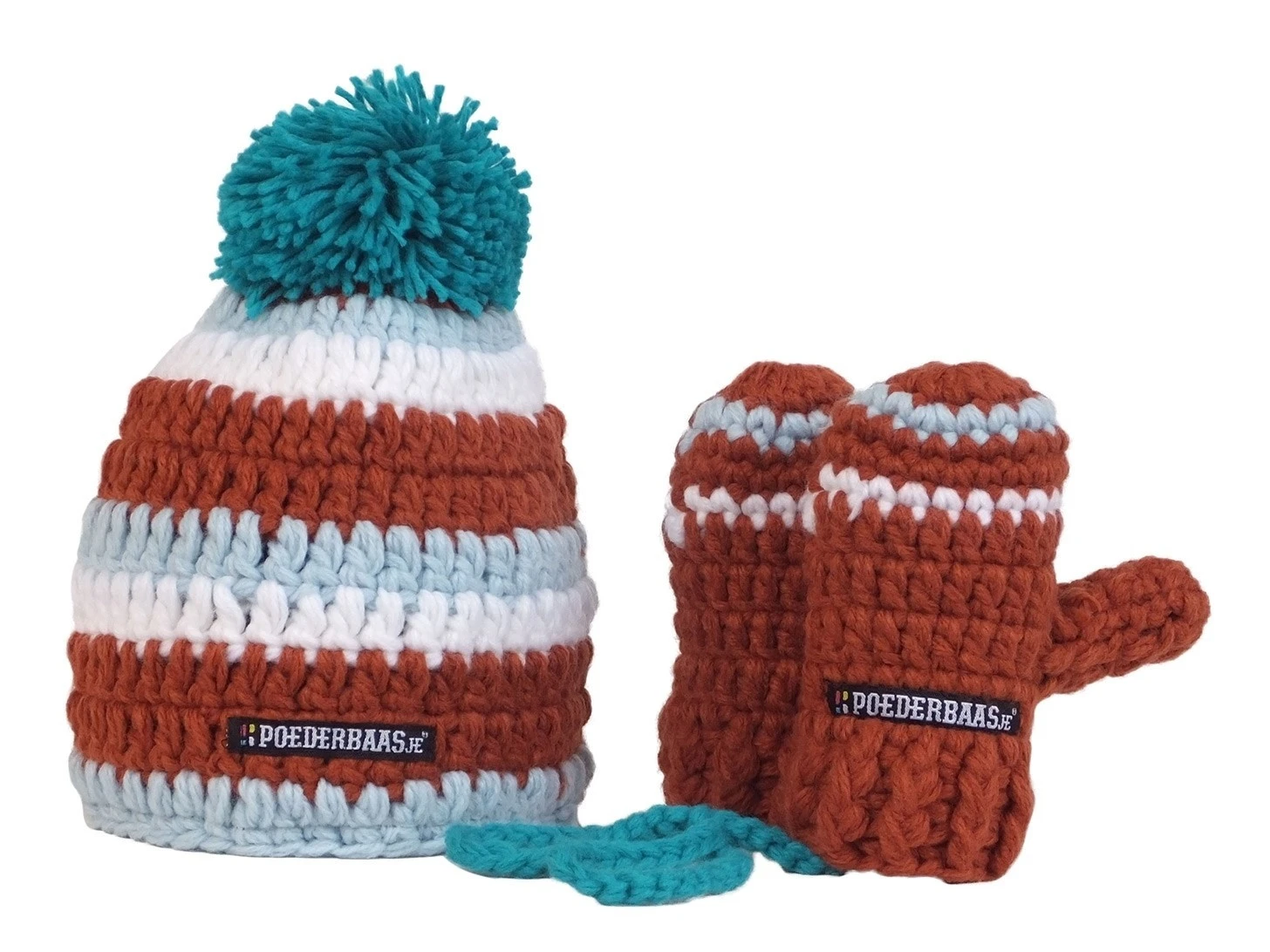 Poederbaas Kleurrijke Babymuts Gehaakt Met Wantjes - Bruin/blauw/wit 1 Poederbaas Kleurrijke Babymuts Gehaakt Met Wantjes - Bruin/blauw/wit